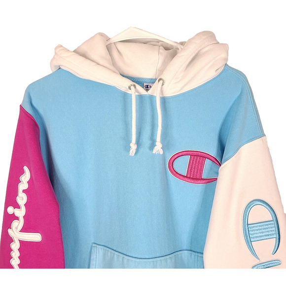 Champion Men Reverse Weave Color Block Hoodie MED Pink Blue White Bold Spell Out - Picture 4 of 12